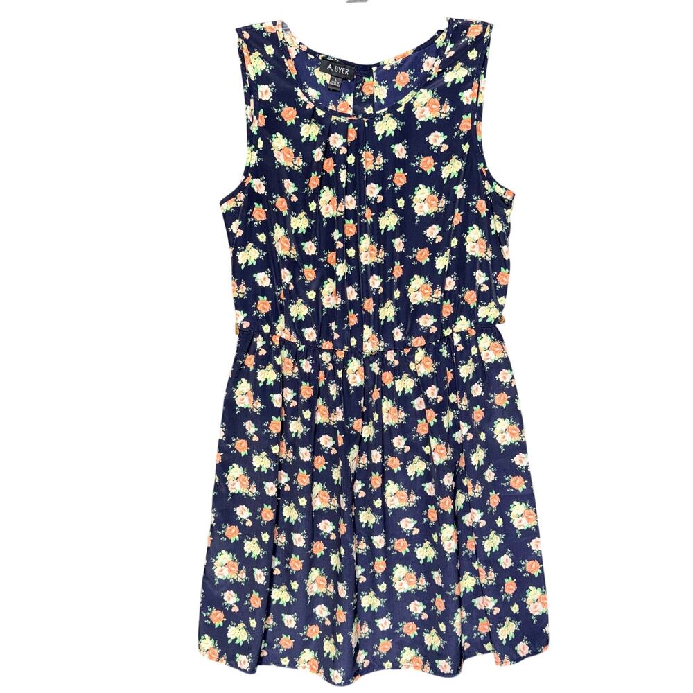 A Byer Girls Blouson Dress Floral Sleeveless Knee Length Navy Blue Orange Large